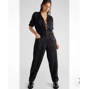 Free People Re Eclectic Denim Jumpsuit L‎ Zip Up Long Sleeve Utility
